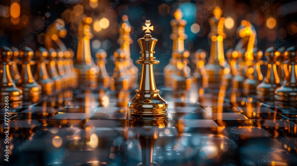 Luxury gold king is the leader of the chess in the game on board, Business concept, Strategy and success, management, business planning, disruption and leadership concept, created with