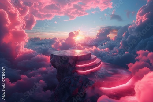 Podium in the sky against the background of sunset