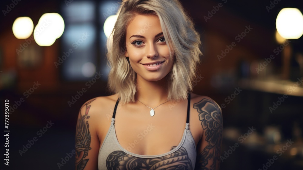 young girl with tattoo smiles. portrait of a generation Z girl. drawing on the skin. self-expression and beauty