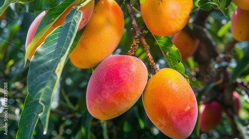 closeup of ripe mango hanging from a tree branch with vibrant green leaves in a tropical orchard with natural sunlight
