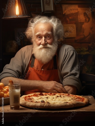 beautiful old adult man eating pizza. happy grandfather and fast food. delicious Italian pastries. pizza day.