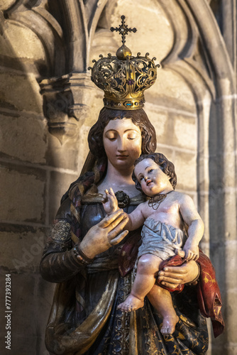 Virgin and child statue in Saints Michael & Gudule cathedral, Brussels, Belgium