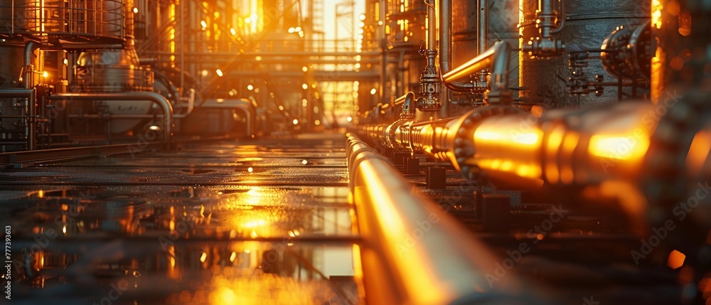 Chemical processing tanks, harsh sunlight, macro perspective, intricate piping, industrial complexity