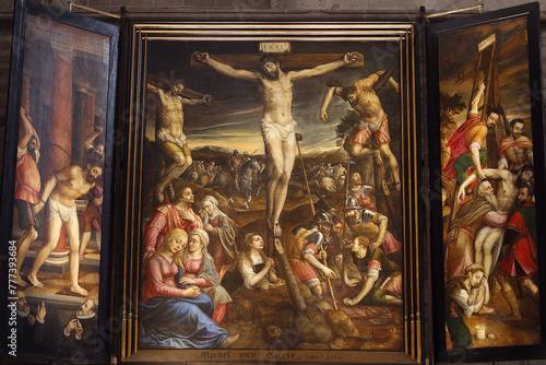 Saints Michael & Gudule cathedral, Brussels, Belgium. ChristÕs Passion triptych by Flemish painter Michel van Coxie