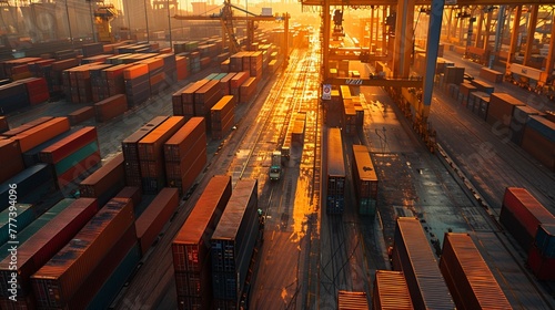 Logistics and shipping area, early evening light, dynamic activity, containers in motion, elevated view