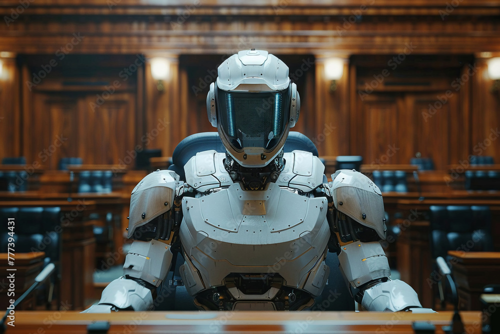 AI serves as judge and jury in courtroom, legal tech, front perspective, algorithmic ethics AI serves as judge and jury in courtroom, legal tech, front perspective, algorithmic ethics
