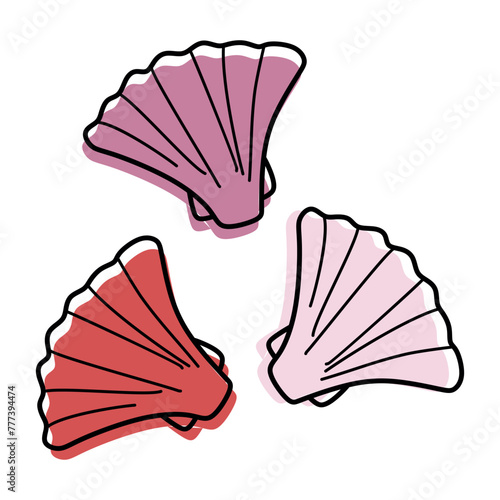 Cute Linear Seashell Doodle icon Set. Hand drawn Sea Shells, Isolated Vector Clip art Illustration. Outline Drawing with color Shapes. Ocean Living Organism, Vacation concept, Beach Element.