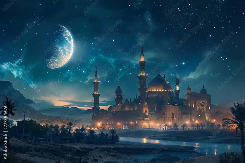 Desert skyline during SciFi Ramadan, traditional and technological harmony, night