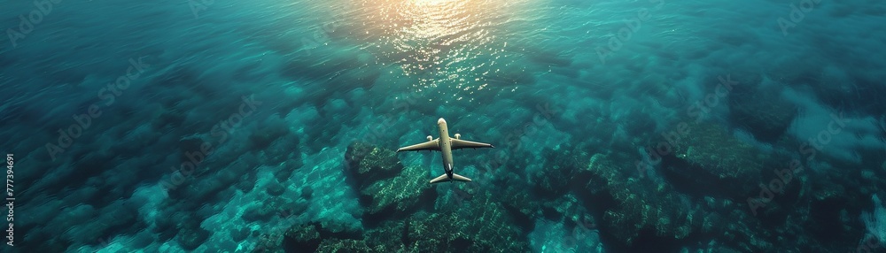 Wing over ocean, clear turquoise water below, midday sun, distant horizon, tranquil sea journey Wing over ocean, clear turquoise water below, midday sun, distant horizon, tranquil sea journey