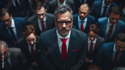 Choosing a leader, one businessman in red tie among many, staff recruitment theme