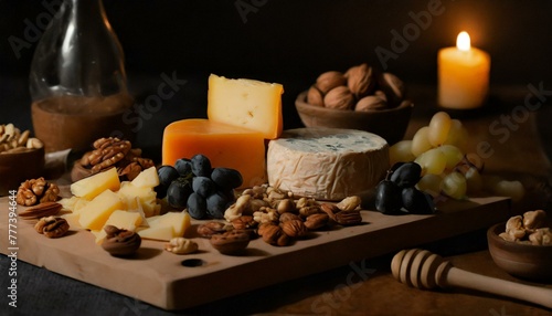 still life cheese with candles and fruits