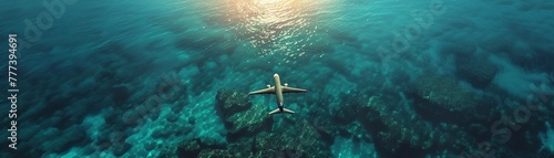 Wing over ocean, clear turquoise water below, midday sun, distant horizon, tranquil sea journey