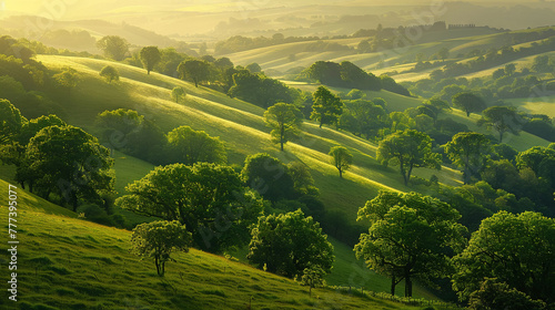 Picturesque summer valley  golden sunlight illuminating the rolling hills and vibrant greenery