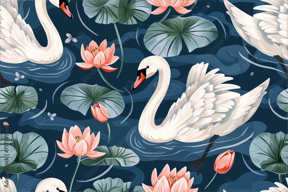 Obraz premium Swans and water lilies in a serene lake setting