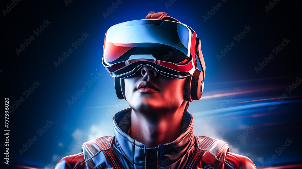 Young man with beard in glasses of virtual reality. Augmented reality, future technology concept, VR.	
