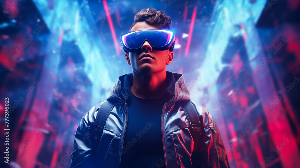 Young man with beard in glasses of virtual reality. Augmented reality, future technology concept, VR. Young man with beard in glasses of virtual reality. Augmented reality, future technology concept, VR.