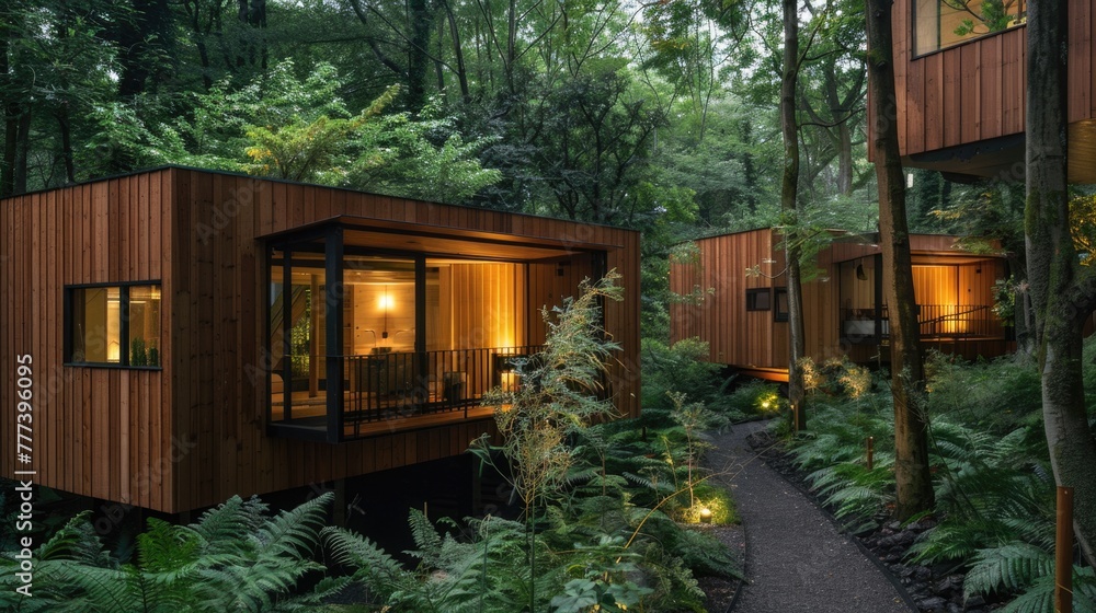 Modern eco-friendly treehouses in forest. Modern eco-friendly treehouses in forest.