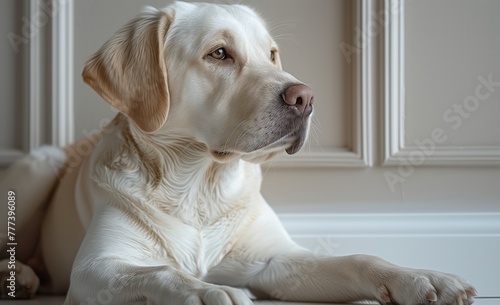 A fawncolored Companion dog, belonging to the Canidae family, is peacefully lying on the flooring, gazing out the window with its ears perked up and whiskers alert