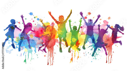 Abstract Happy children in watercolor style colorful splash on the white background.