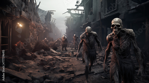 Hordes of undead, Zombie walking in the abandoned town, Beginning of the zombie apocalypse, Zombie crowd walking © Anthichada