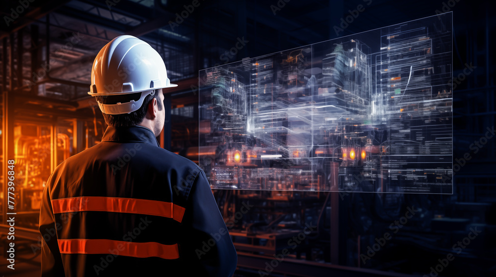 Industrial engineer in safety helmets standing, looking and check on high techno screen monitor computer and machinery. Industry, metaverse machine engine concept Industrial engineer in safety helmets standing, looking and check on high techno screen monitor computer and machinery. Industry, metaverse machine engine concept