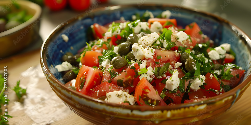 A Bowl of Fresh Salad Bursting with Vegetables and Feta Cheese A Bowl of Fresh Salad Bursting with Vegetables and Feta Cheese