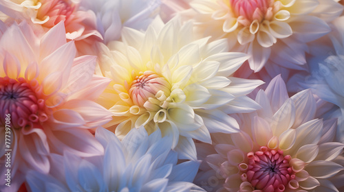 Beautiful colorful zinnia and dahlia flowers in full bloom, close up. Natural summery texture for background  © Anthichada