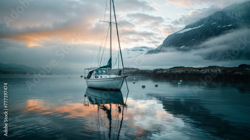 Sailing boat in the fjord at sunset, photo