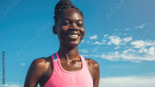 Smiling young woman outdoors with blue sky background. Global Running Day 