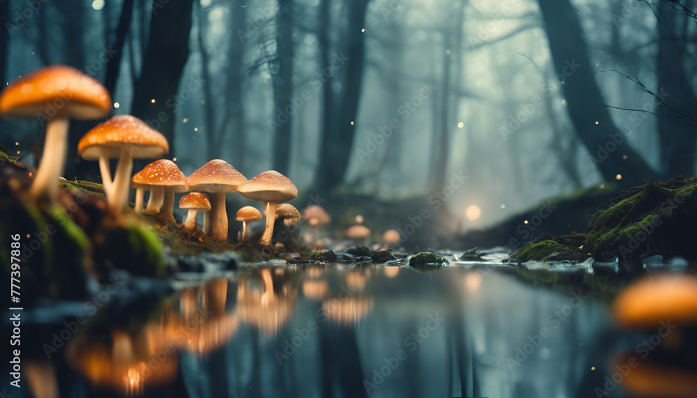 Mystical forest with glowing mushrooms and a babbling brook, surrounded ...