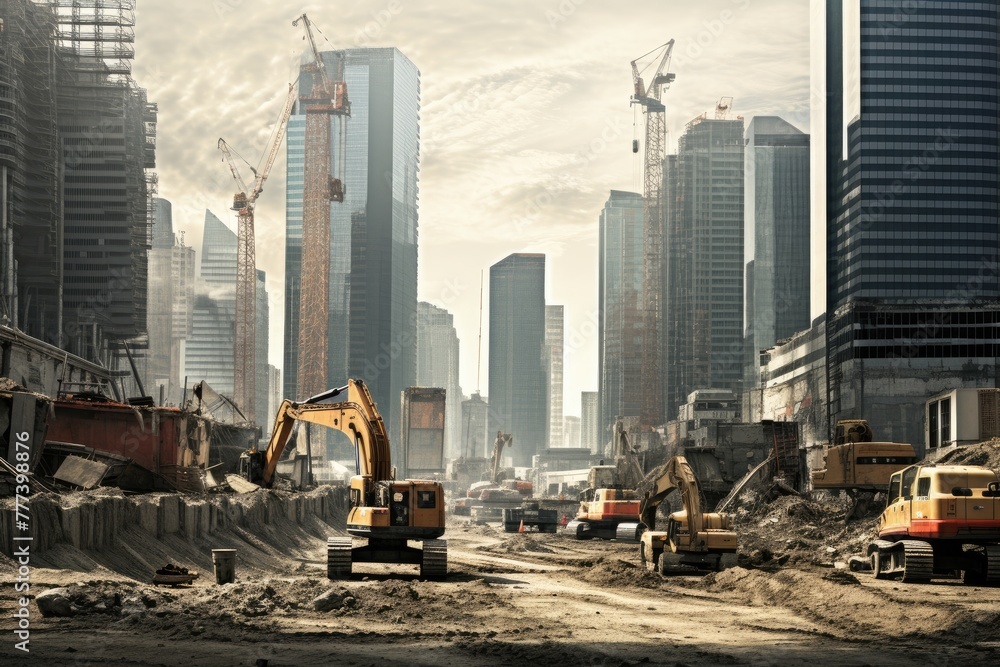 Urban construction area surrounded by skyscrapers, Cranes on the construction site, Ai generated - obrazy, fototapety, plakaty 