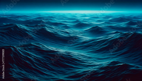 Abstract ocean waves in various shades of blue, digital art style, against a dark background, conveying a concept of nature's dynamics. Generative AI
