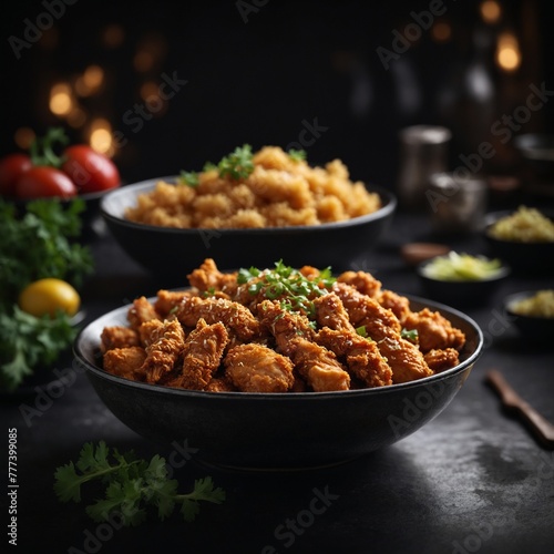 oroginal crispy chicken bowl isolated black background. photo