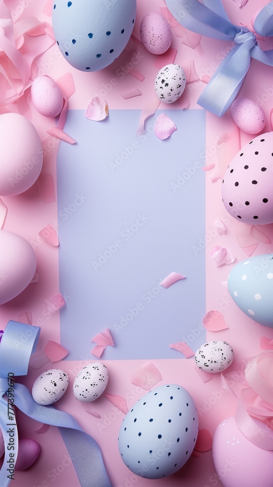 Fototapeta premium Easter eggs with decorative patterns and ribbons on a pastel background with copyspace.