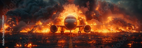 Illustrations of a burning passenger plane on a runway, depicting plane crash scenarios photo