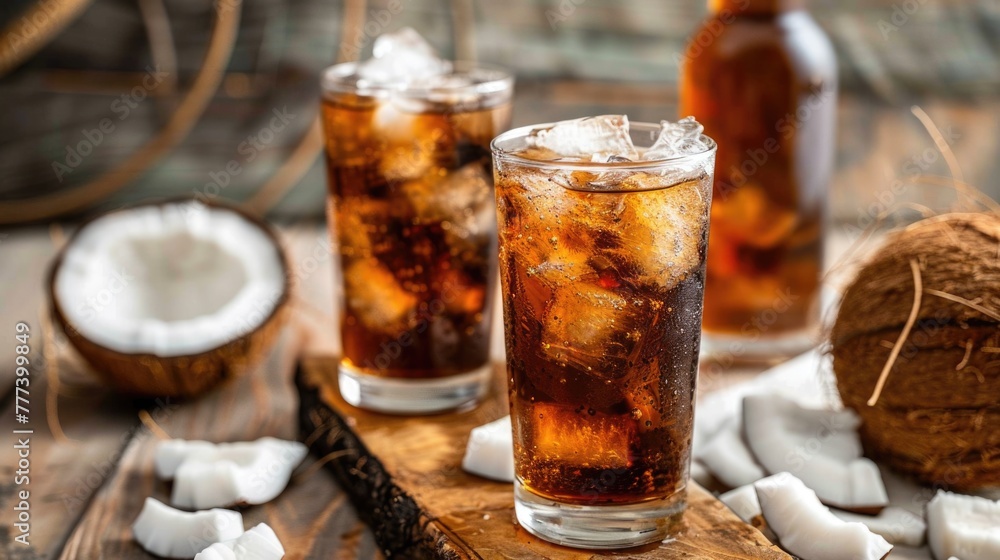 Two glasses of iced cold beverage with coconut on wooden table. Two glasses of iced cold beverage with coconut on wooden table.