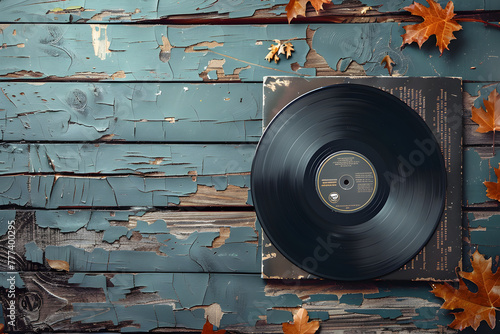 Vintage Vinyl Record in Sleeve Highlighting Release Date on A Woodland Autumn Setting photo