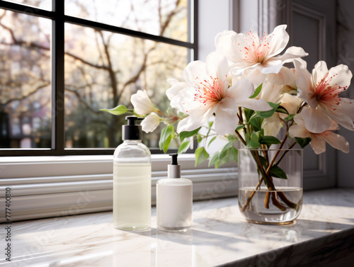 Bathroom products beside flowers on a marble surface  with a window view in natural light  concept of home spa. Generative AI