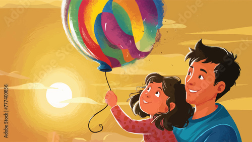Father and Daughter Enjoying Sunset with Balloon: Royalty-Free Vector Illustration photo
