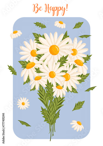 Spring bouquet of white chamomile or daisy flowers. Botanical vector illustration isolated for postcard, poster, ad, decor and other uses. Festive text can be replaced.