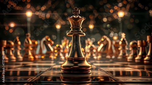 Chess piece on chessboard, competition success and strategy game play, design created with 