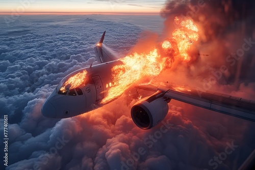 Plane engulfed in fire mid-air: signifying aerial emergency and evacuation.