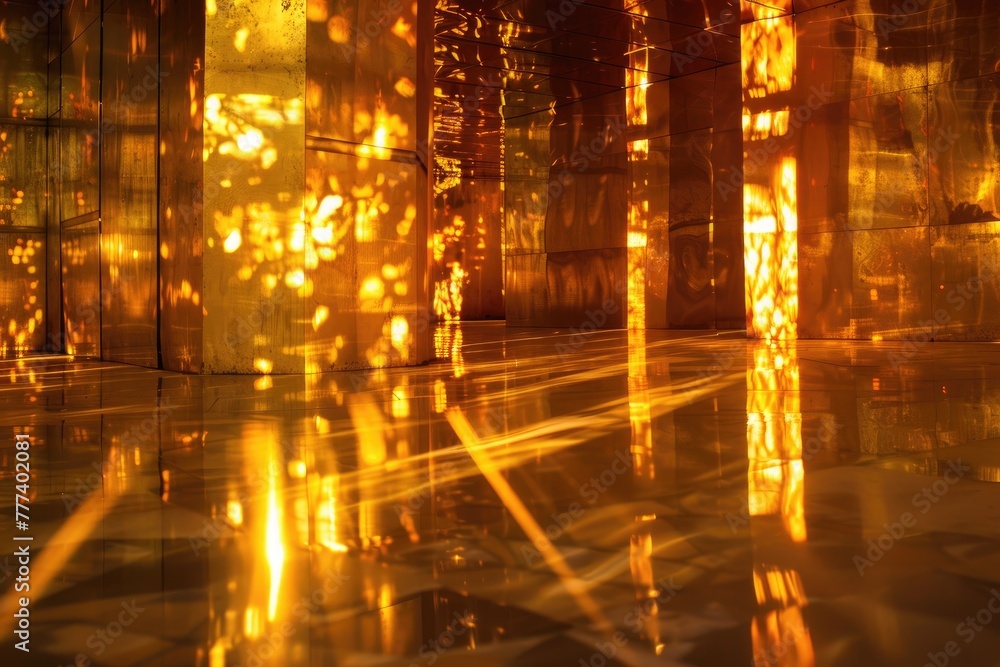 A reflective gold mirror surface creating a mesmerizing and infinite view of golden light