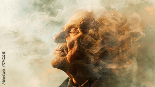 Elderly face fading away into mist and smoke progressive loss of memory and identity associated with Alzheimers disease © leszekglasner