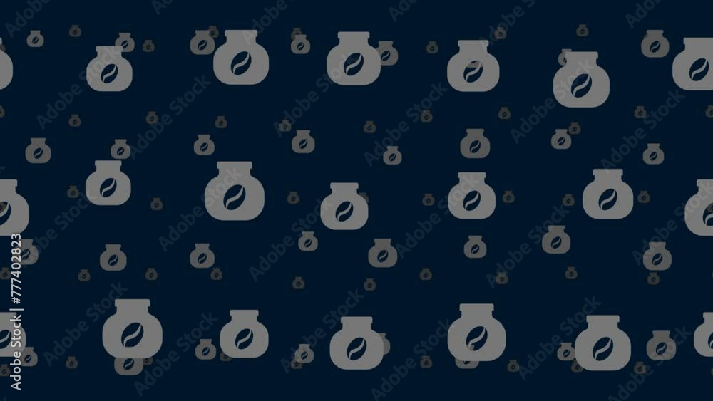 Instant coffee symbols float horizontally from left to right. Parallax fly effect. Floating symbols are located randomly. Seamless looped 4k animation on dark blue background Instant coffee symbols float horizontally from left to right. Parallax fly effect. Floating symbols are located randomly. Seamless looped 4k animation on dark blue background
