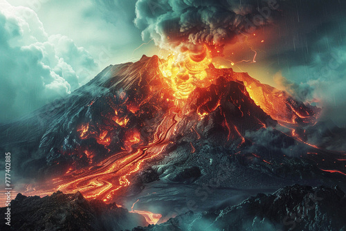 Fantastic image of a volcanic eruption, natural disaster,