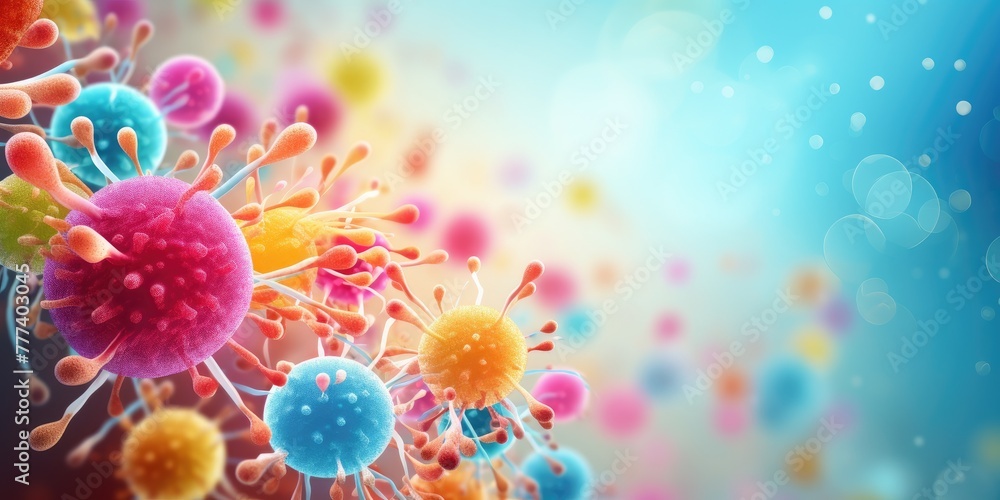 Close-up of microscopic blue, pink and yellow bacteria or viruses,background for text Close-up of microscopic blue, pink and yellow bacteria or viruses,background for text