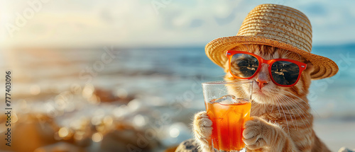 Happy and smiling to cat in a bright summer hat and stylish sunglasses holding a cocktail glass with a tasty drink on the beach, with empty copy space