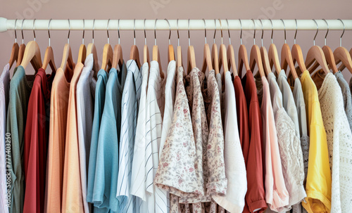 Zbliżenie na równy rząd kolorowych, lekkich, letnich ubrań wiszących na drewnianych wieszakach w domowej szafie, w sklepie. Koncepcja handlu, kolekcjonowania odzieży. © YOUR SHOT