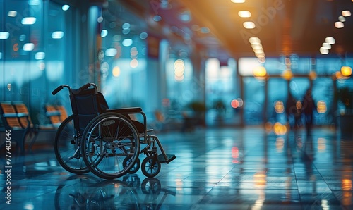 Wheelchair alone in a darkened hospital corridor